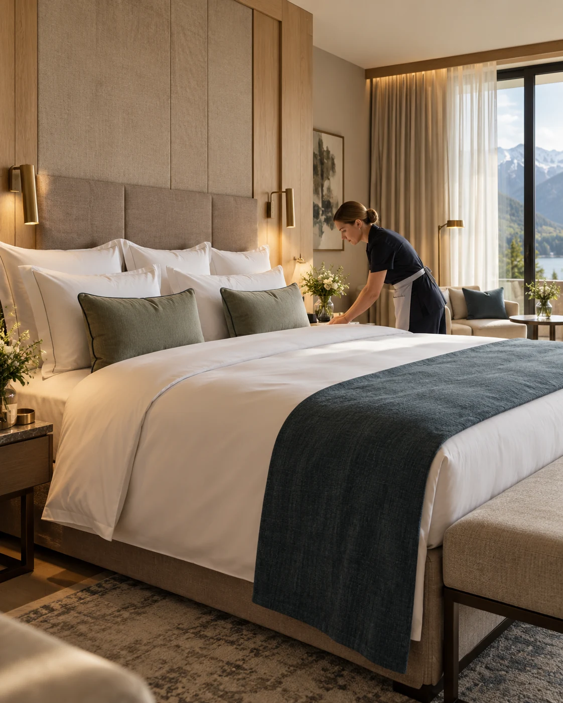 Sorgfältig vorbereitetes Hotelzimmer mit weißer Bettwäsche und warmem Tageslicht